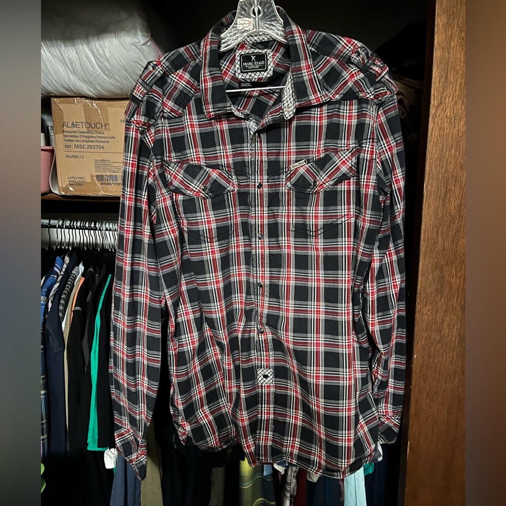 Marc Ecko No.72 Men's L-sleeve Onyx Snap Shirt Red & Blue Plaid Cotton Size Xl